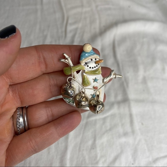 Jingle All The Way Enamel and Silver Metal Snowman Brooch With Bells Marked TC - Picture 3 of 9